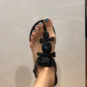 BCBG black sandal with gem stones and bows